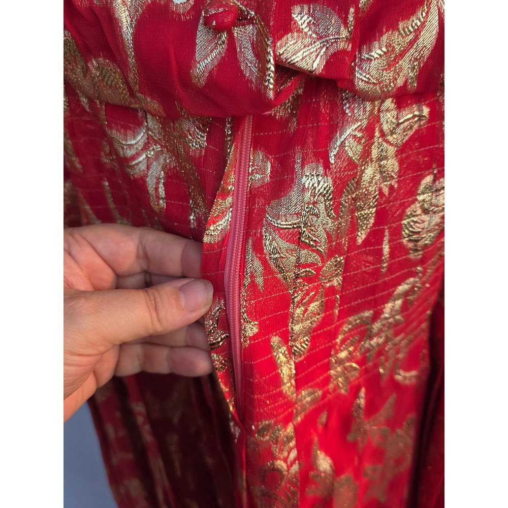 Vintage Raul Blanco Red Gold Metallic Floral Pleated Maxi Dress Evening Gown 12 - Picture 5 of 7